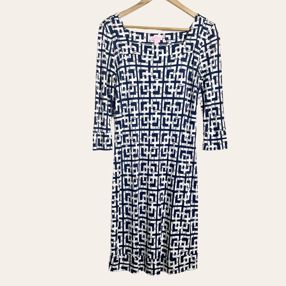 Lilly Pulitzer Navy Blue White Long Sleeve Silk Bamboo Sheath Dress Size 8